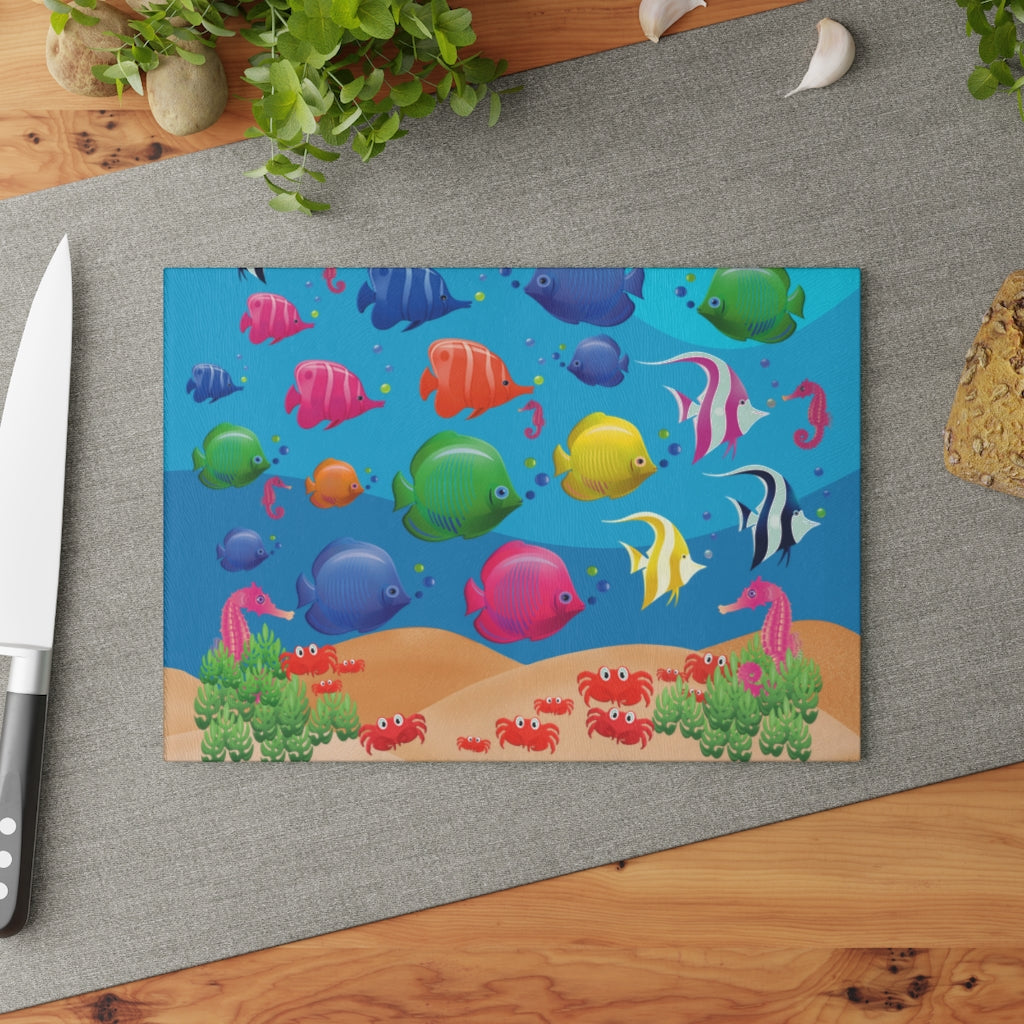 Under The Sea Fish Print - Glass Cutting Board  8" x 11" and 11" x 15"