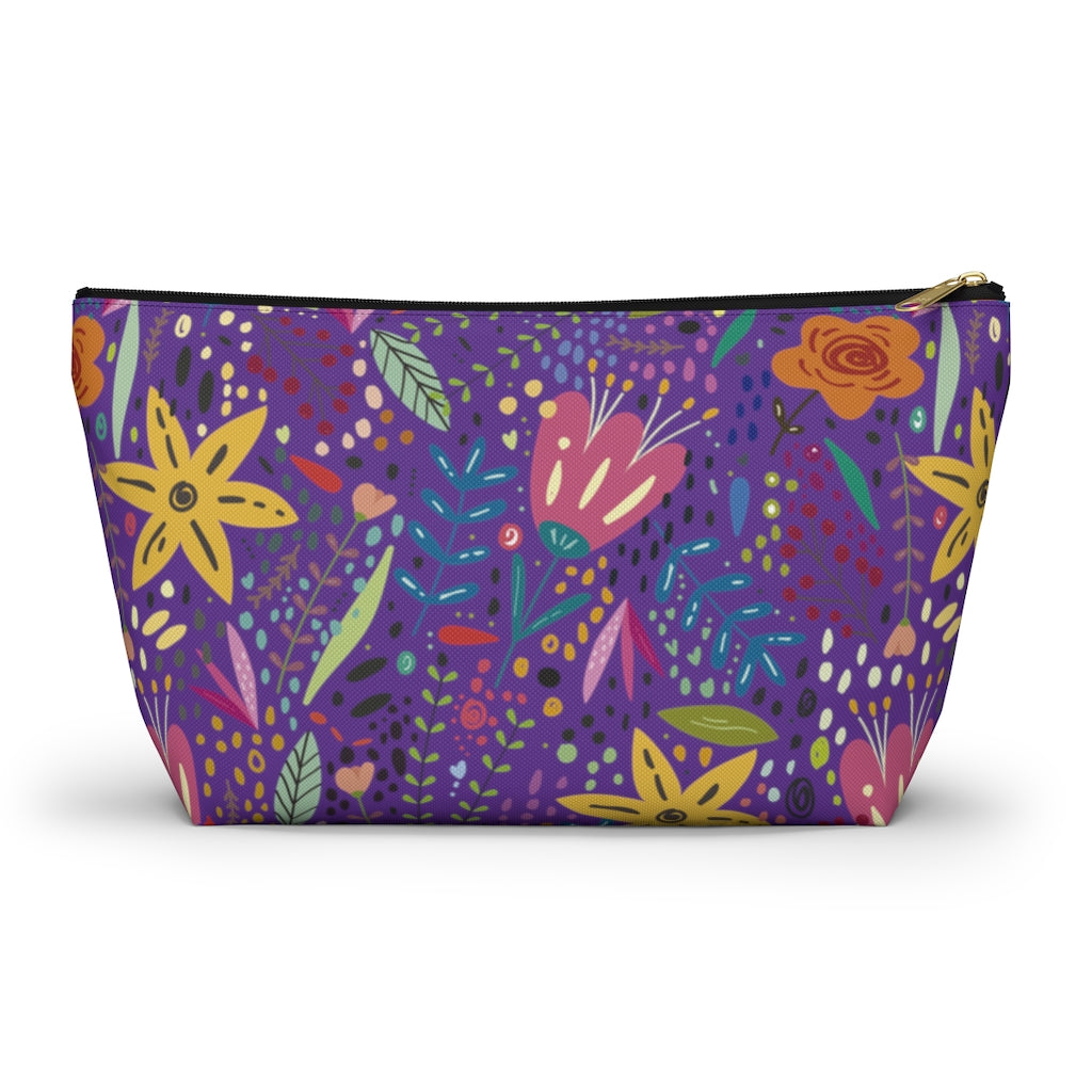 Springtime Splendor: Hand-Drawn Flowers Bursting with Vibrant Colors Design on Purple  - Makeup & Accessory Bag 2 Sizes