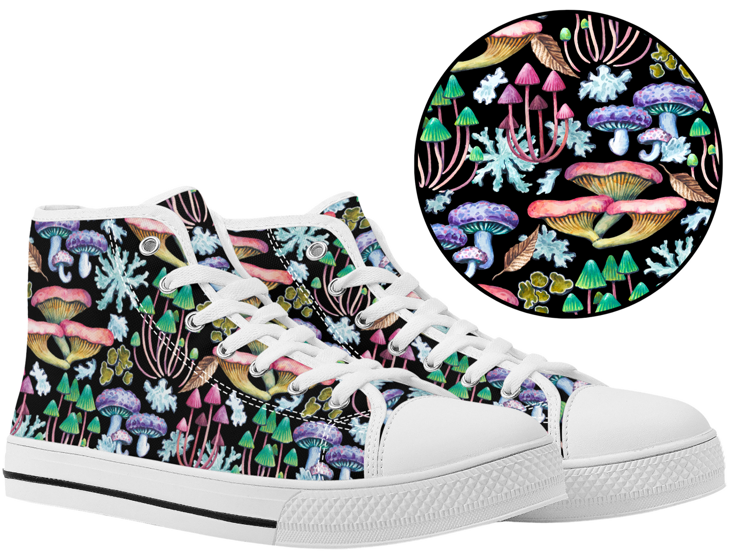 Psychedelic Mushroom Garden on Black Background Converse Style High Tops