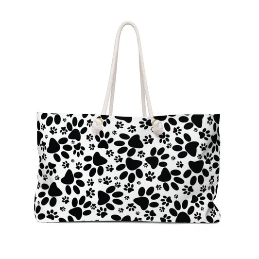 Stealthy Tracks: Black Animal Paw Prints - Weekender Oversized Canvas Tote Bag 24" × 13"