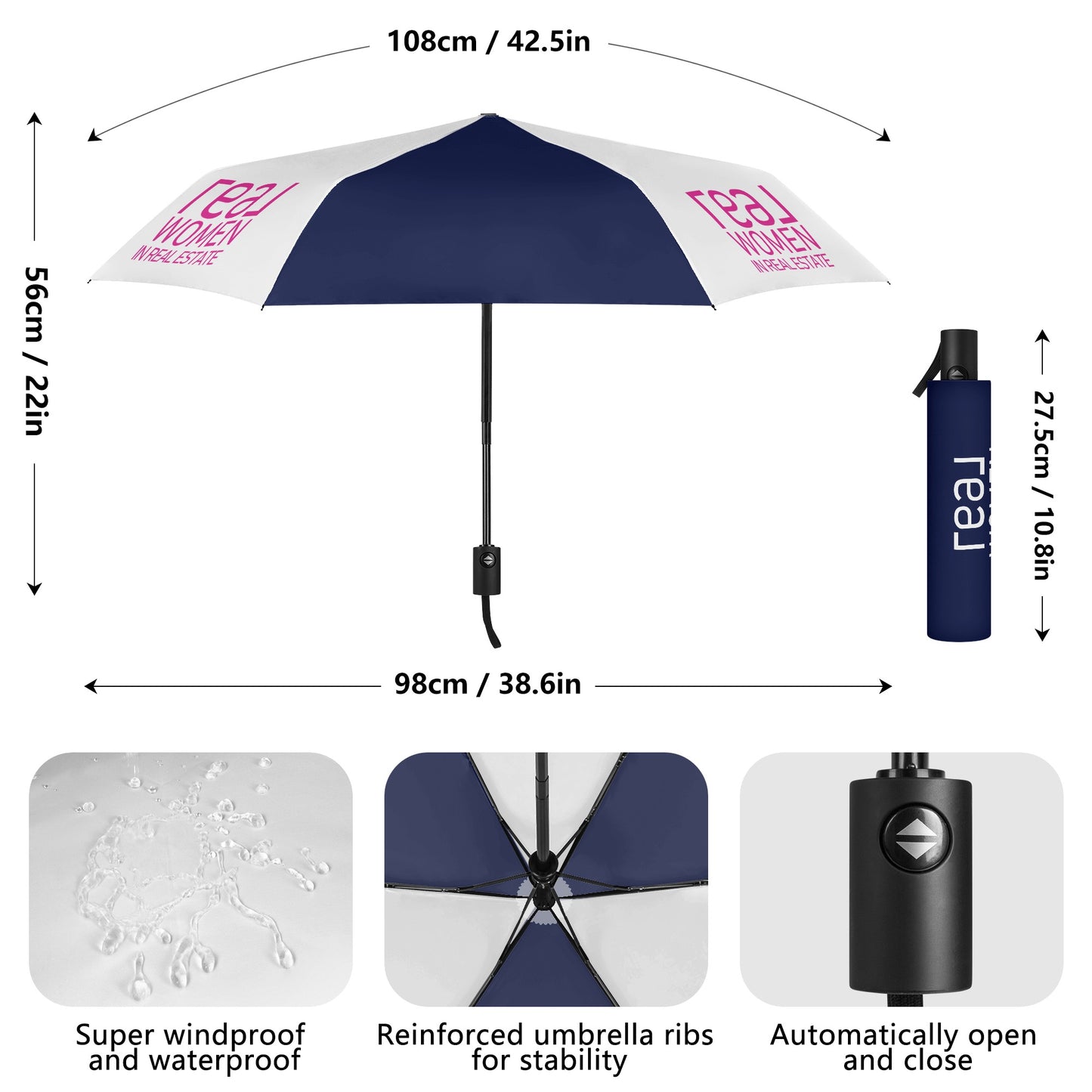 Umbrella Lightweight Auto Open & Close  - Real Women In Real Estate on Navy and White