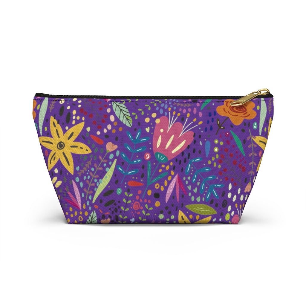 Springtime Splendor: Hand-Drawn Flowers Bursting with Vibrant Colors Design on Purple  - Makeup & Accessory Bag 2 Sizes