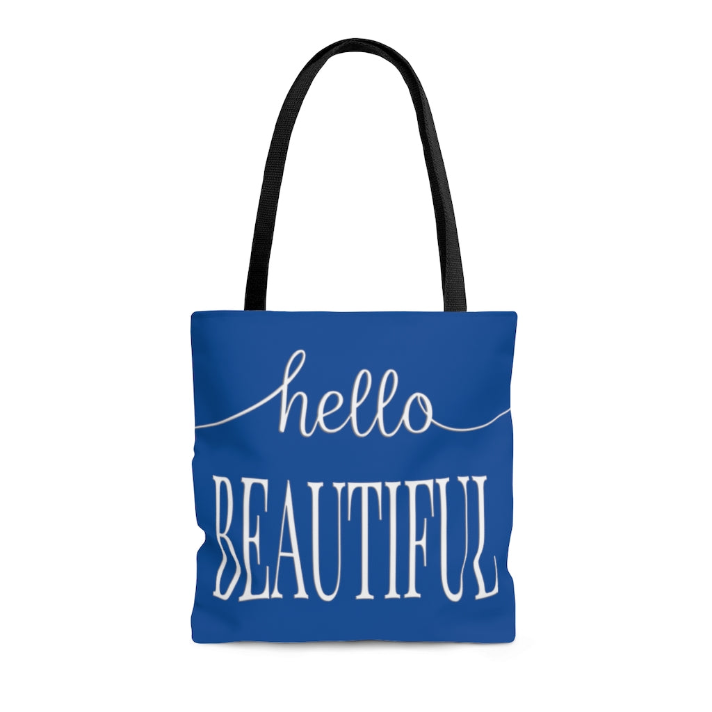 Hello Beautiful in White & Blue - Canvas Tote 3 Sizes