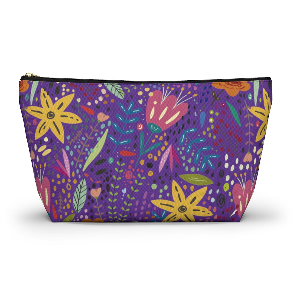 Springtime Splendor: Hand-Drawn Flowers Bursting with Vibrant Colors Design on Purple  - Makeup & Accessory Bag 2 Sizes