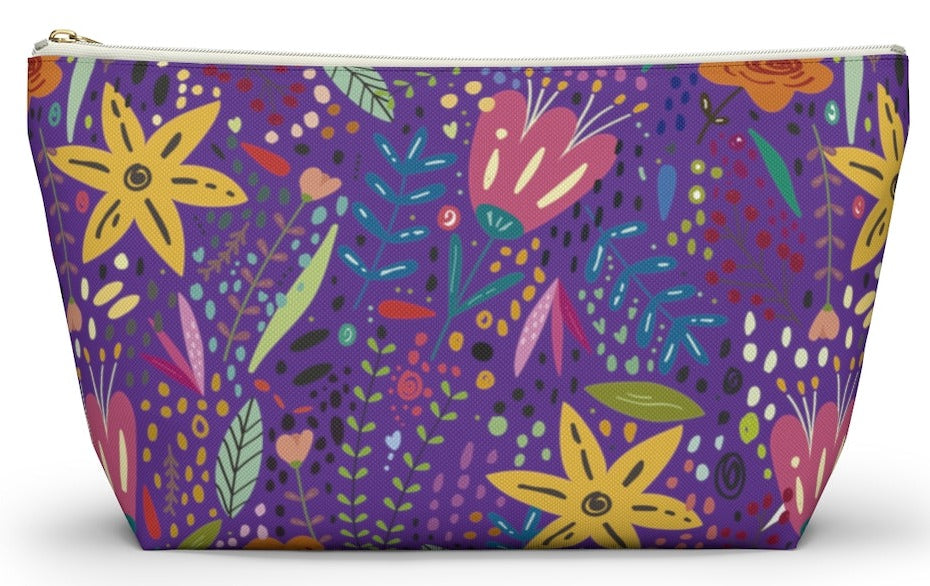 Springtime Splendor: Hand-Drawn Flowers Bursting with Vibrant Colors Design on Purple  - Makeup & Accessory Bag 2 Sizes