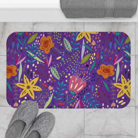 Springtime Splendor: Hand-Drawn Flowers Bursting with Vibrant Colors Design on Dark Purple  - Bathroom Non-Slip Mat 2 Sizes