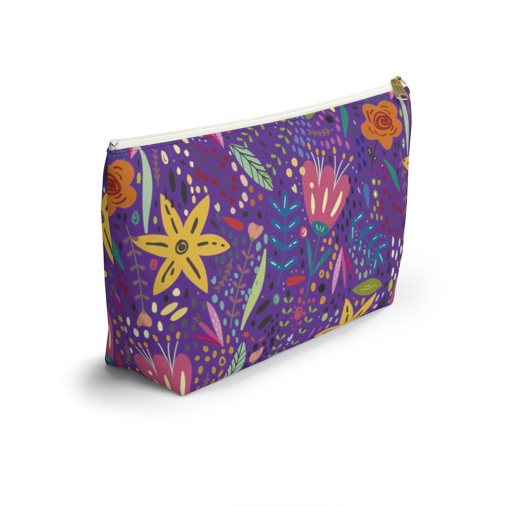 Springtime Splendor: Hand-Drawn Flowers Bursting with Vibrant Colors Design on Purple  - Makeup & Accessory Bag 2 Sizes