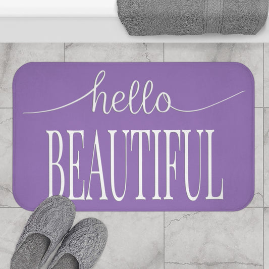 Hello Beautiful, White on Purple Inspirational Affirmations  - Bathroom Non-Slip Mat 2 Sizes