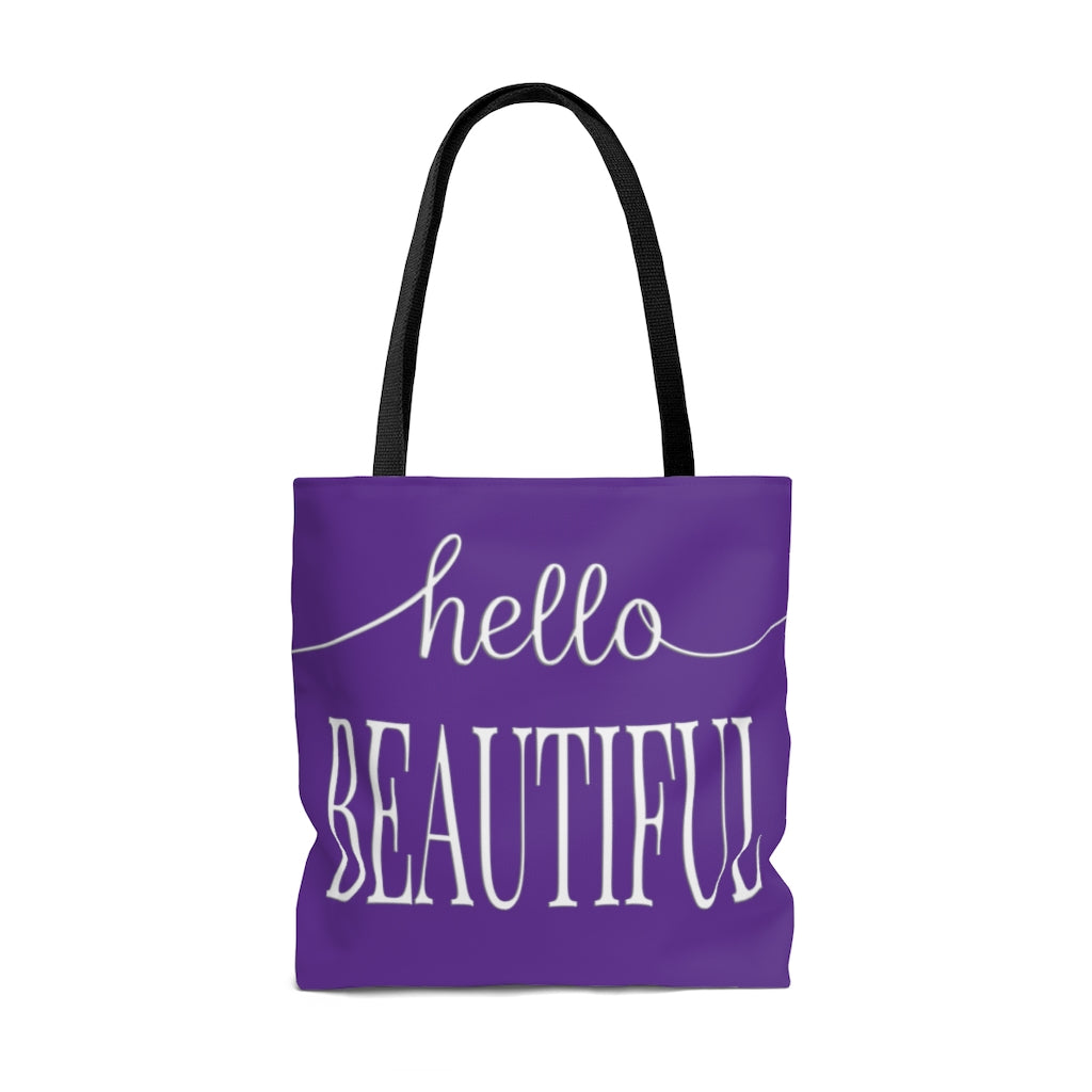 Hello Beautiful in White & Dark Purple  - Canvas Tote 3 Sizes