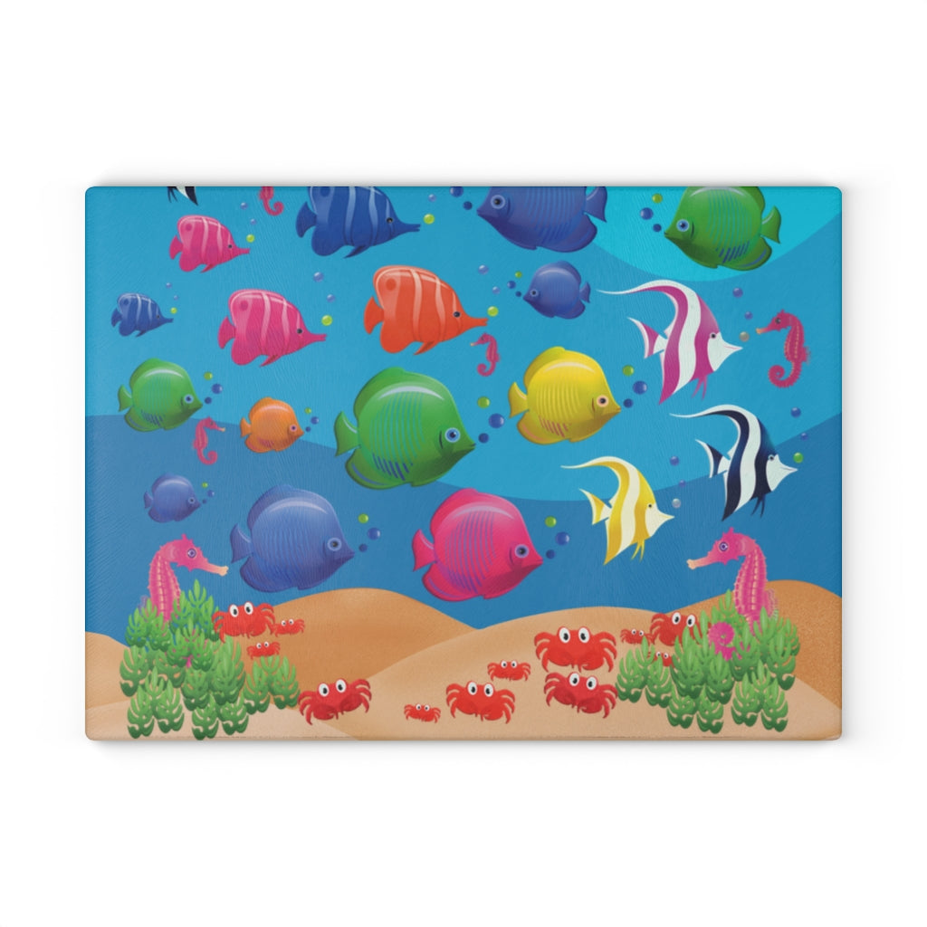 Under The Sea Fish Print - Glass Cutting Board  8" x 11" and 11" x 15"