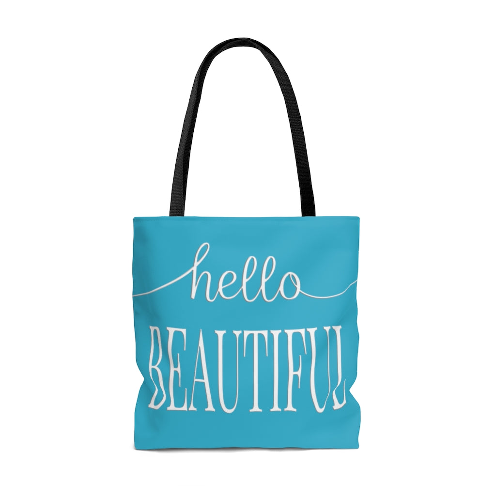 Hello Beautiful in White & Teal - Canvas Tote 3 Sizes