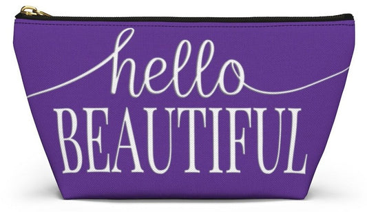 Hello Beautiful Inspirational Affirmations White & Purple - Makeup & Accessory Bag 2 Sizes