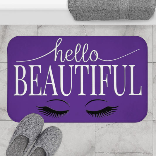 Hello Beautiful, White on Dark Purple With Lashes Inspirational Affirmations  - Bathroom Non-Slip Mat 2 Sizes