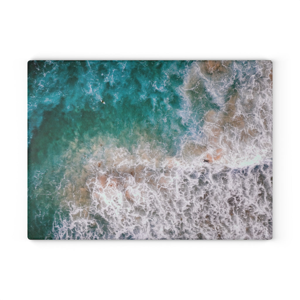 Ocean's Embrace: Deep Green Waters with White Waves Crashing onto the Beach - Glass Cutting Board  8" x 11" and 11" x 15"