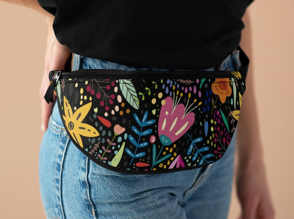 Springtime Splendor: Hand-Drawn Flowers Bursting with Vibrant Colors Design on Black Lifestyle Stylish Fanny Pack