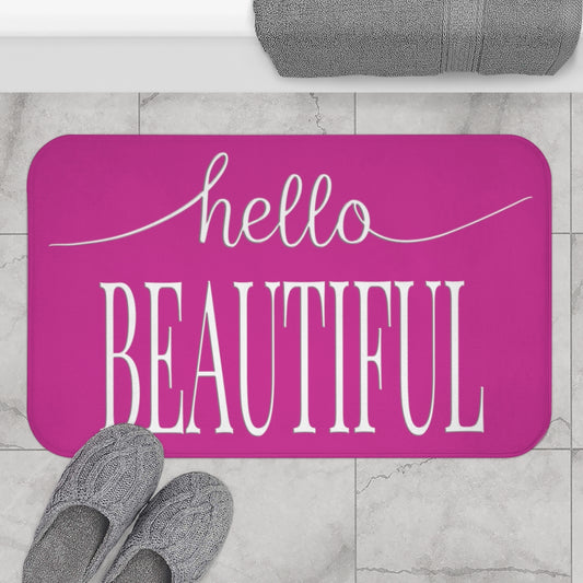 Hello Beautiful, White on Pink Inspirational Affirmations  - Bathroom Non-Slip Mat 2 Sizes