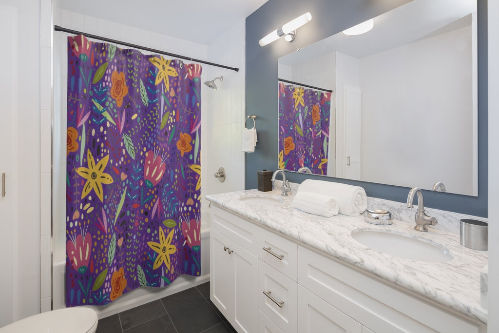 Springtime Splendor: Hand-Drawn Flowers Bursting with Vibrant Colors Design on Dark Purple Bathroom Shower Curtain   71" × 74"