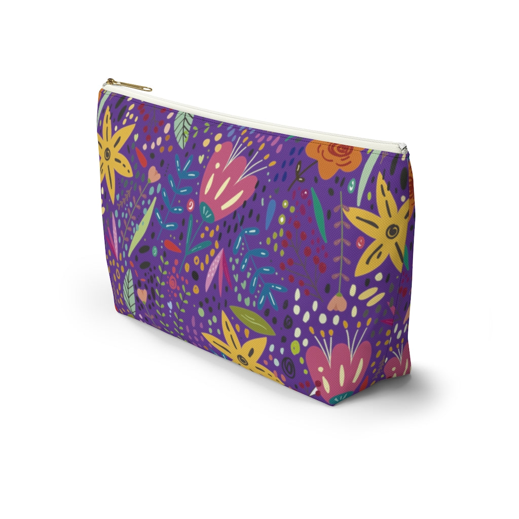 Springtime Splendor: Hand-Drawn Flowers Bursting with Vibrant Colors Design on Purple  - Makeup & Accessory Bag 2 Sizes