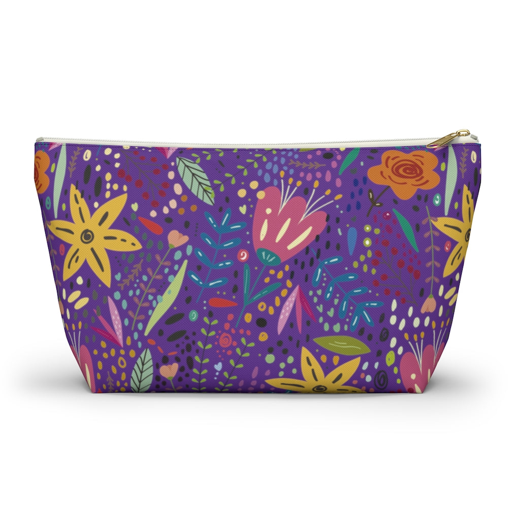 Springtime Splendor: Hand-Drawn Flowers Bursting with Vibrant Colors Design on Purple  - Makeup & Accessory Bag 2 Sizes