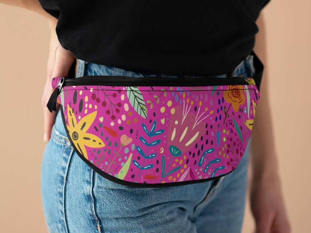 Springtime Splendor: Hand-Drawn Flowers Bursting with Vibrant Colors Design on Pink Lifestyle Stylish Fanny Pack