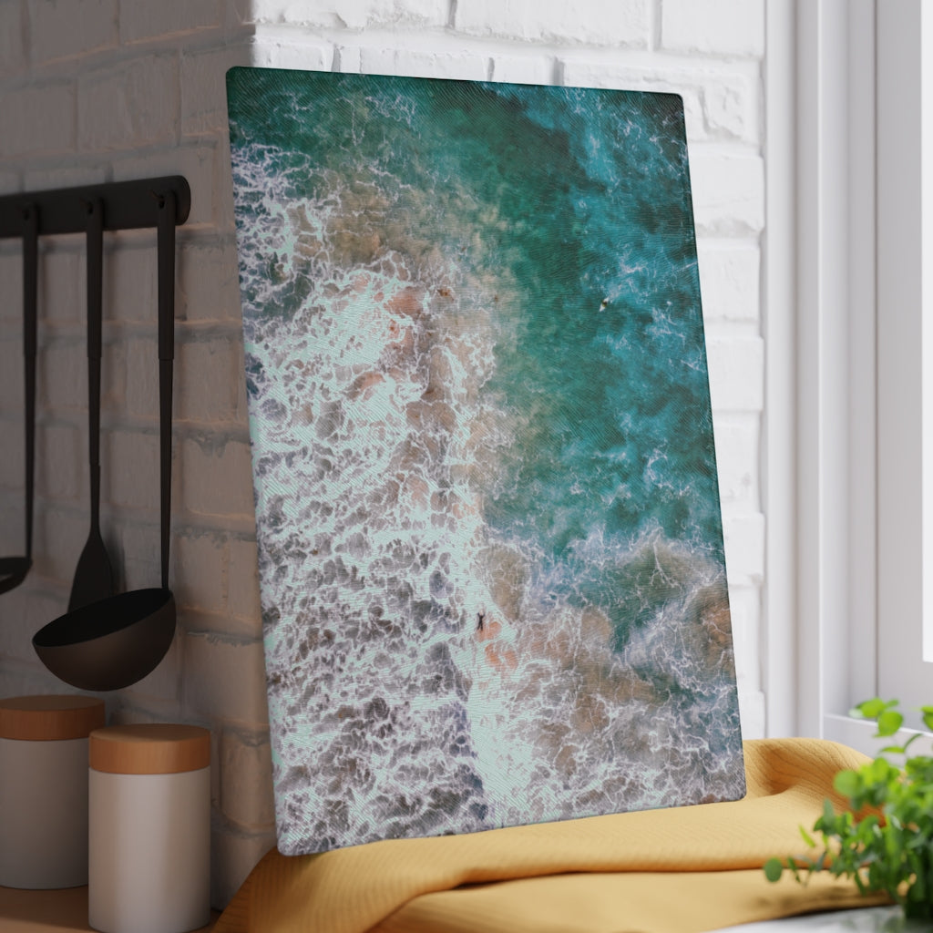 Ocean's Embrace: Deep Green Waters with White Waves Crashing onto the Beach - Glass Cutting Board  8" x 11" and 11" x 15"