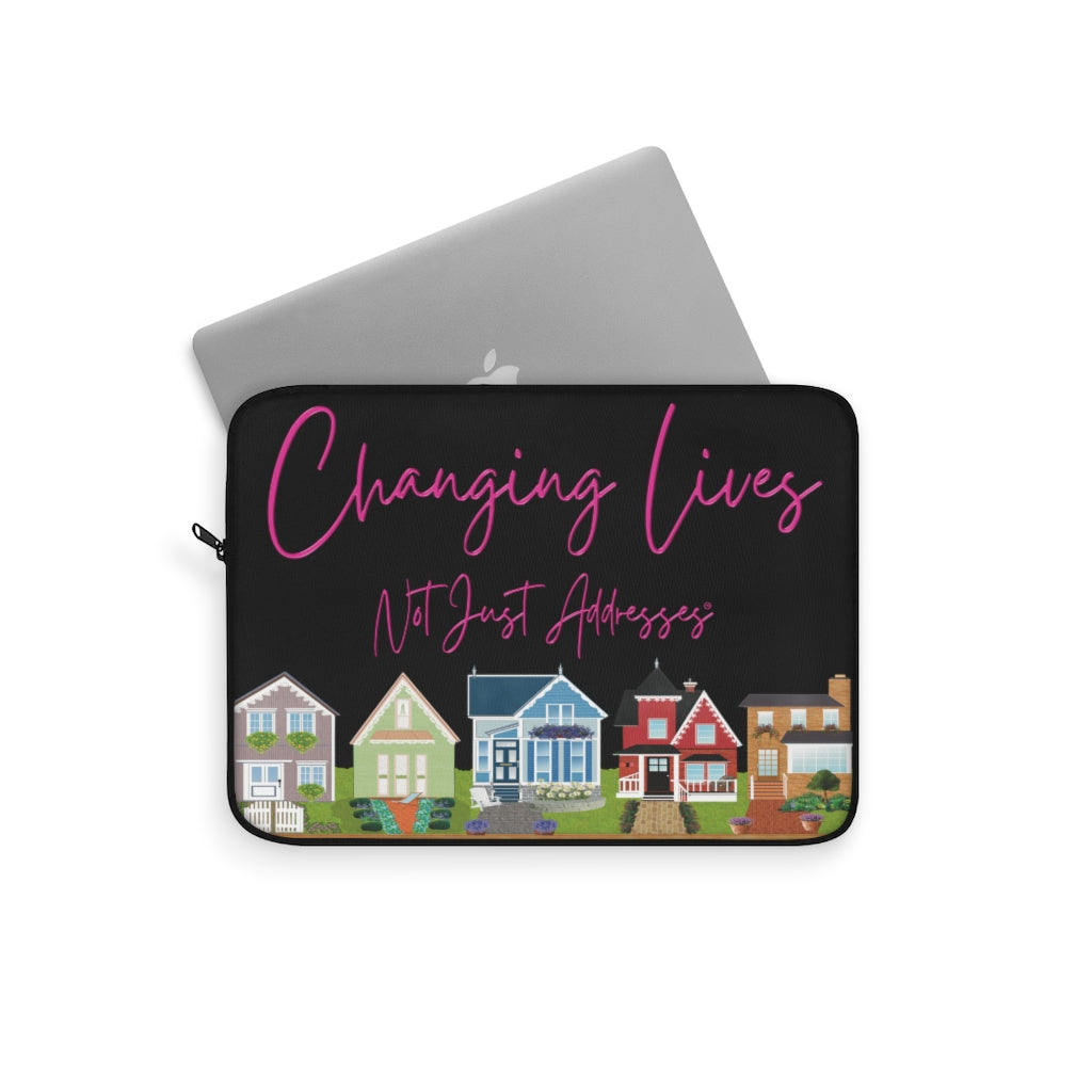 Changing Lives Not Just Addresses™ Pink on Black Laptop or Ipad Protective Sleeve Three Sizes Available