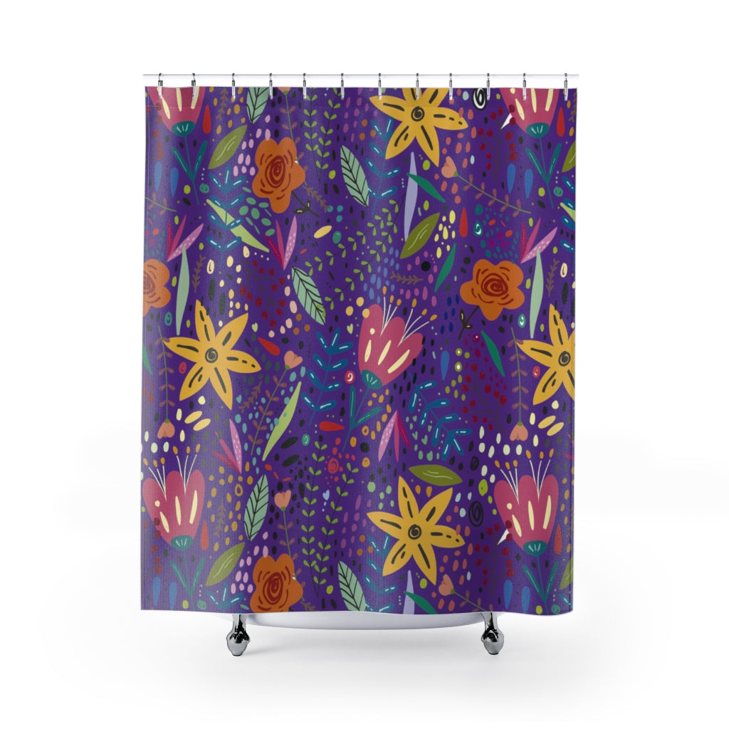 Springtime Splendor: Hand-Drawn Flowers Bursting with Vibrant Colors Design on Dark Purple Bathroom Shower Curtain   71" × 74"