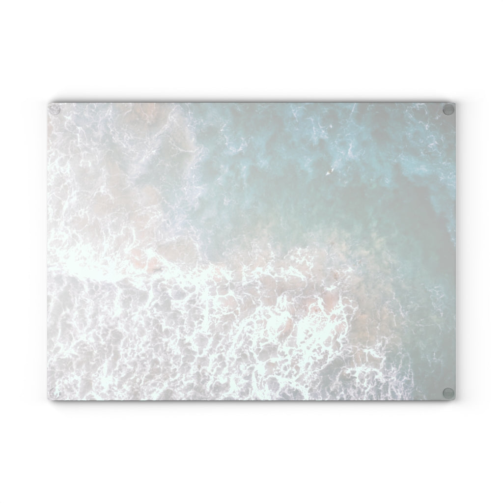 Ocean's Embrace: Deep Green Waters with White Waves Crashing onto the Beach - Glass Cutting Board  8" x 11" and 11" x 15"