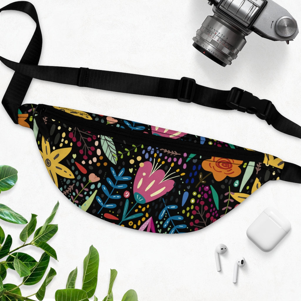 Springtime Splendor: Hand-Drawn Flowers Bursting with Vibrant Colors Design on Black Lifestyle Stylish Fanny Pack