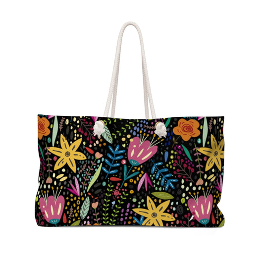 Springtime Splendor: Hand-Drawn Flowers Bursting with Vibrant Colors Design on Black  - Weekender Oversized Canvas Tote Bag 24" × 13"