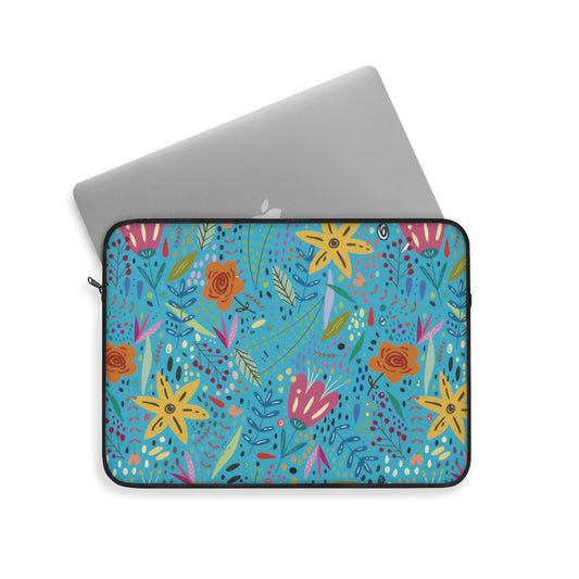 Springtime Splendor: Hand-Drawn Flowers Bursting with Vibrant Colors Design on Teal Background - Laptop or Ipad Protective Sleeve 3 Sizes