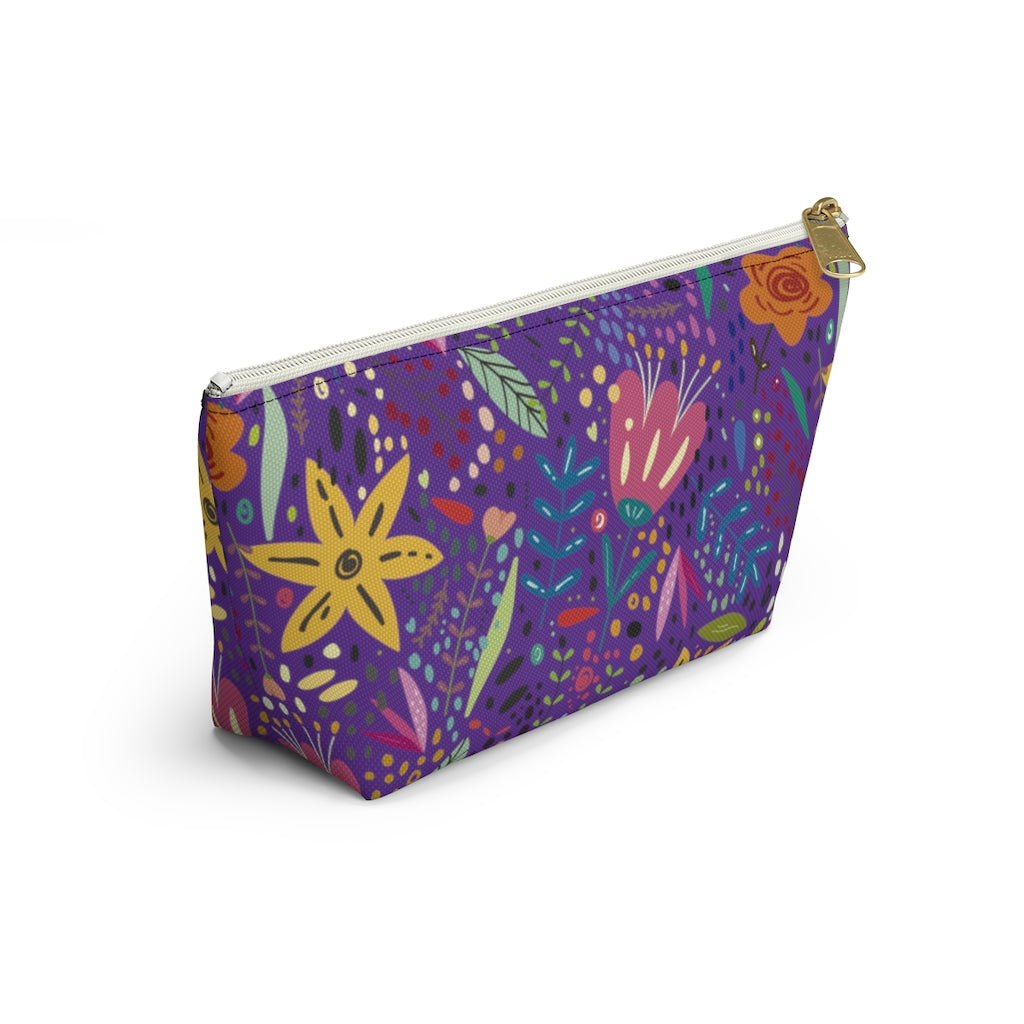 Springtime Splendor: Hand-Drawn Flowers Bursting with Vibrant Colors Design on Purple  - Makeup & Accessory Bag 2 Sizes