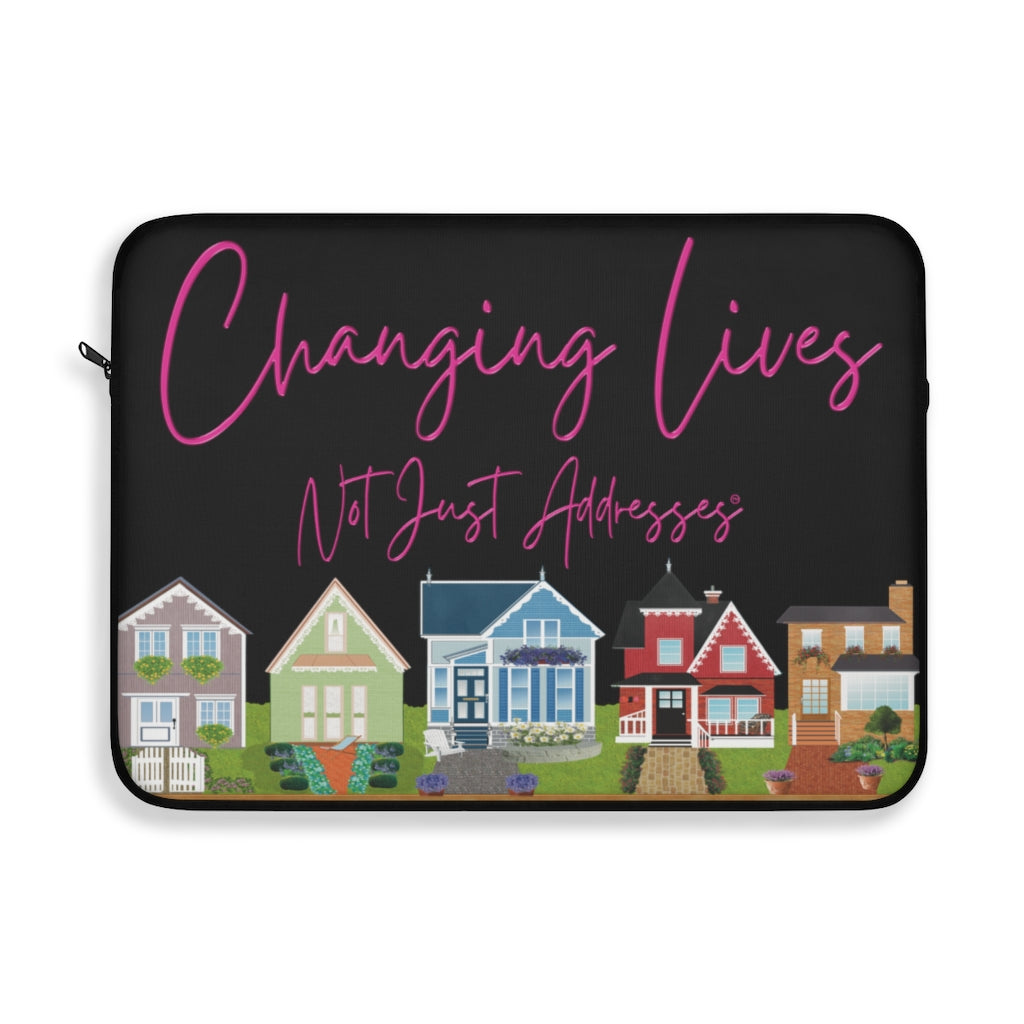 Changing Lives Not Just Addresses™ Pink on Black Laptop or Ipad Protective Sleeve Three Sizes Available