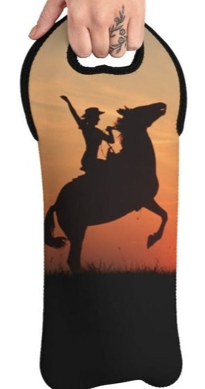 American Cowgirl and Horse at Sunset Wine Tote Bag Reusable Eco Friendly