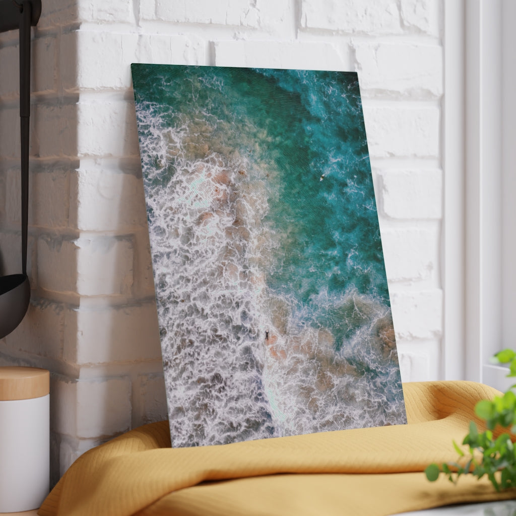 Ocean's Embrace: Deep Green Waters with White Waves Crashing onto the Beach - Glass Cutting Board  8" x 11" and 11" x 15"