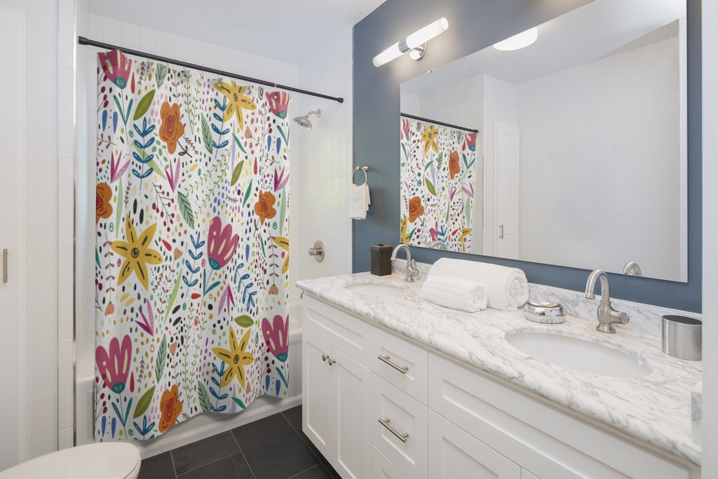 Springtime Splendor: Hand-Drawn Flowers Bursting with Vibrant Colors Design Bathroom Shower Curtain   71" × 74"