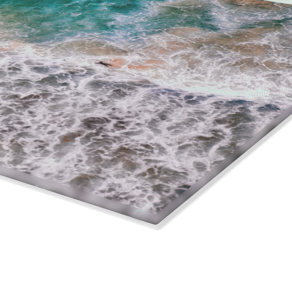 Ocean's Embrace: Deep Green Waters with White Waves Crashing onto the Beach - Glass Cutting Board  8" x 11" and 11" x 15"