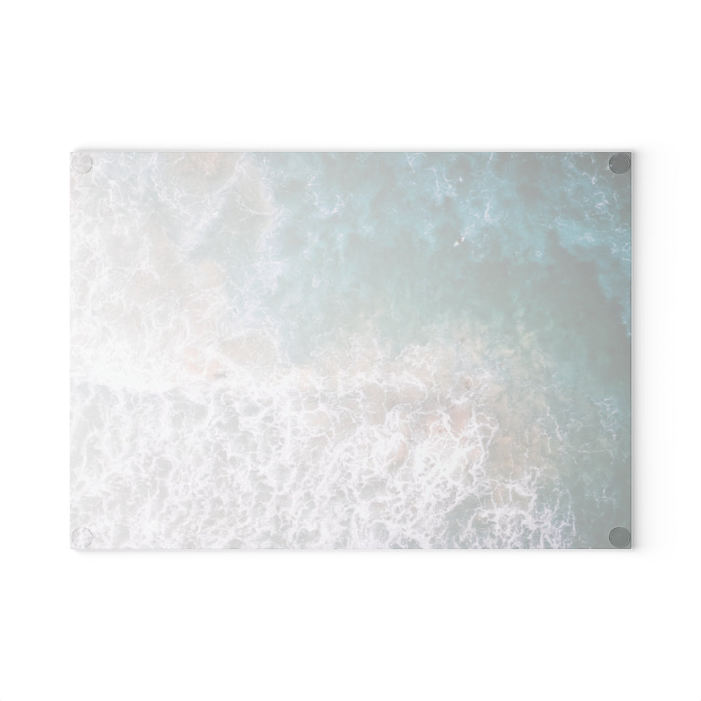 Ocean's Embrace: Deep Green Waters with White Waves Crashing onto the Beach - Glass Cutting Board  8" x 11" and 11" x 15"