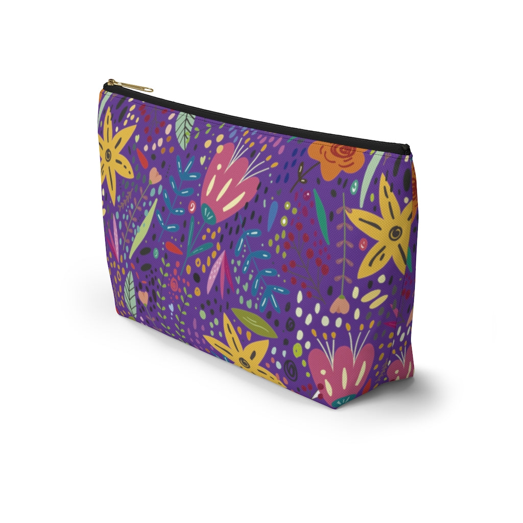 Springtime Splendor: Hand-Drawn Flowers Bursting with Vibrant Colors Design on Purple  - Makeup & Accessory Bag 2 Sizes