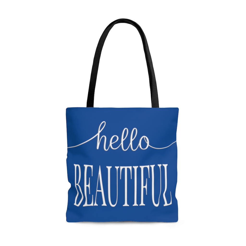 Hello Beautiful in White & Blue - Canvas Tote 3 Sizes