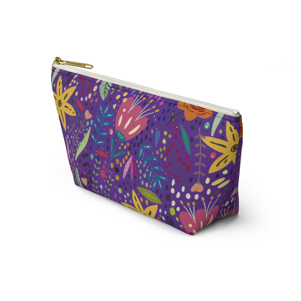 Springtime Splendor: Hand-Drawn Flowers Bursting with Vibrant Colors Design on Purple  - Makeup & Accessory Bag 2 Sizes