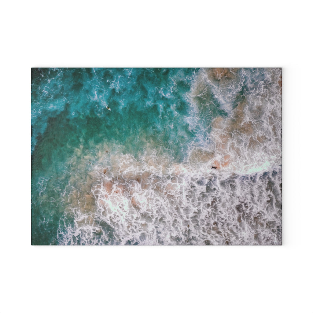 Ocean's Embrace: Deep Green Waters with White Waves Crashing onto the Beach - Glass Cutting Board  8" x 11" and 11" x 15"