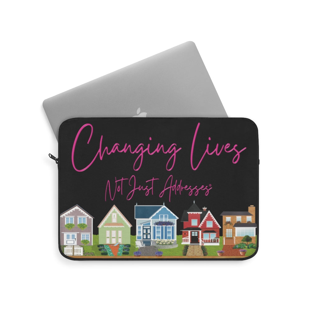 Changing Lives Not Just Addresses™ Pink on Black Laptop or Ipad Protective Sleeve Three Sizes Available