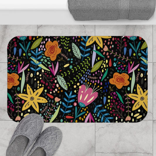 Springtime Splendor: Hand-Drawn Flowers Bursting with Vibrant Colors Design on Black  - Bathroom Non-Slip Mat 2 Sizes