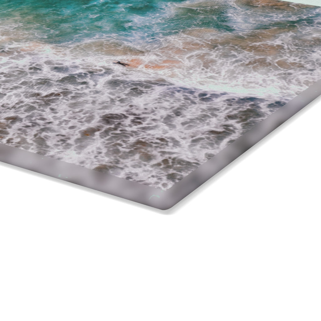 Ocean's Embrace: Deep Green Waters with White Waves Crashing onto the Beach - Glass Cutting Board  8" x 11" and 11" x 15"