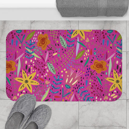 Springtime Splendor: Hand-Drawn Flowers Bursting with Vibrant Colors Design on Pink  - Bathroom Non-Slip Mat 2 Sizes