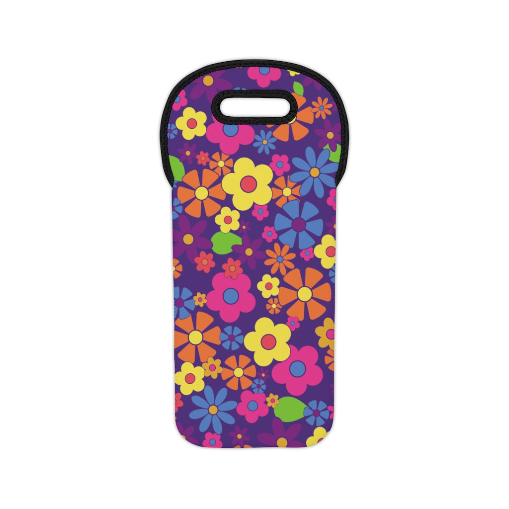 Flower Power on Purple Background Wine Tote Bag Reusable Eco Friendly