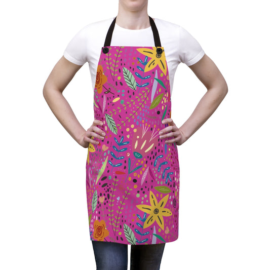 Springtime Splendor: Hand-Drawn Flowers Bursting with Vibrant Colors Design on Pink Apron