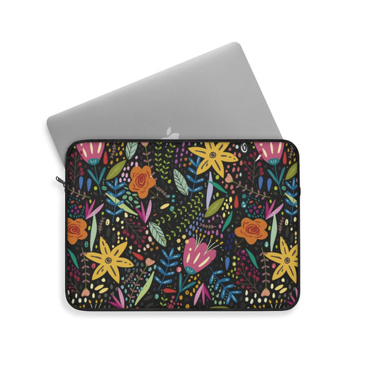 Springtime Splendor: Hand-Drawn Flowers Bursting with Vibrant Colors Design on Black - Laptop or Ipad Protective Sleeve 3 Sizes