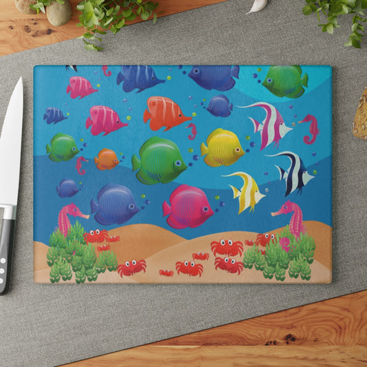 Under The Sea Fish Print - Glass Cutting Board  8" x 11" and 11" x 15"